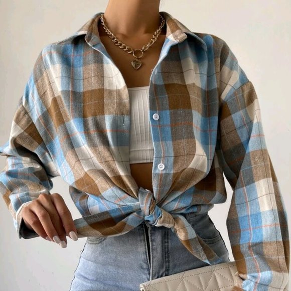 Multicolor Drop Shoulder Plaid Top - Picture 2 of 4